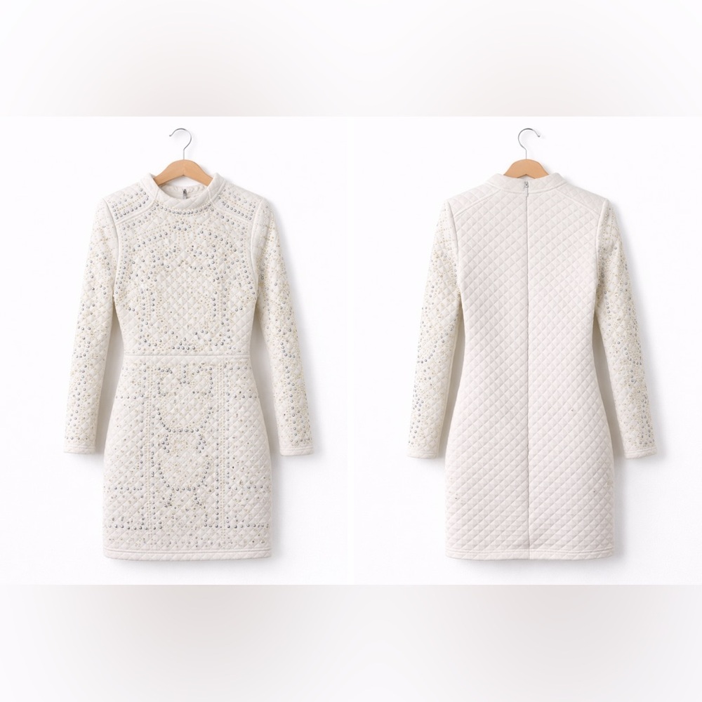 Windsor Cream Quilted & Embellished Long-Sleeve Dress